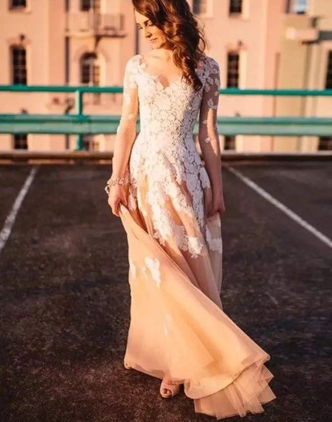 

Eightale Champagne Wedding Dresses Appliques Long Sleeve Lace Gothic Bridal Gow Beach Bride Dress Vestidos De Novia 2019