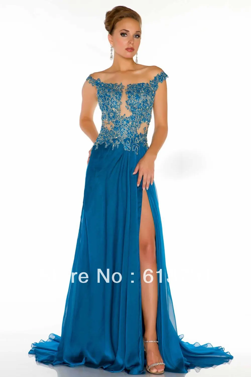 2013 New Sexy Off The Shoulder Transparent Blue Lace Appliqued Front Split Evening Gown Couture Dresses 61355D | Свадьбы и торжества