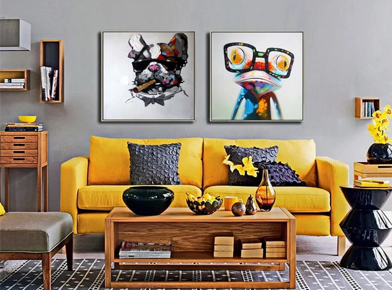 2 шт. абстрактная ручная картина моющаяся собака и лягушка с очками на холсте