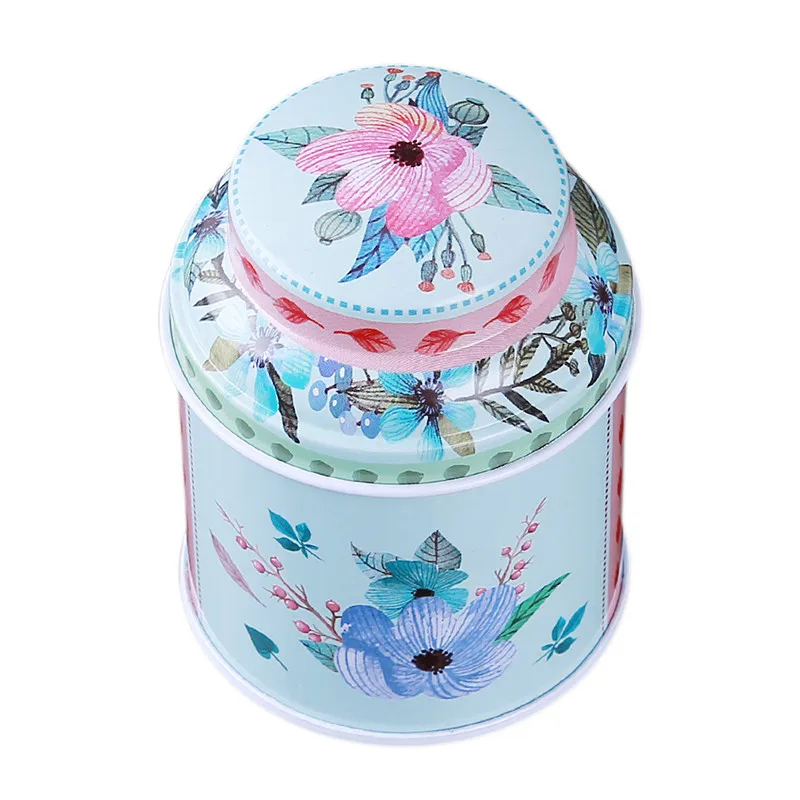 

1PCS Tea Box Vintage Style Print Flower Series Metal Tea Box Cute Tin Box Round Home Storage Case Iron Candy Container Gifts