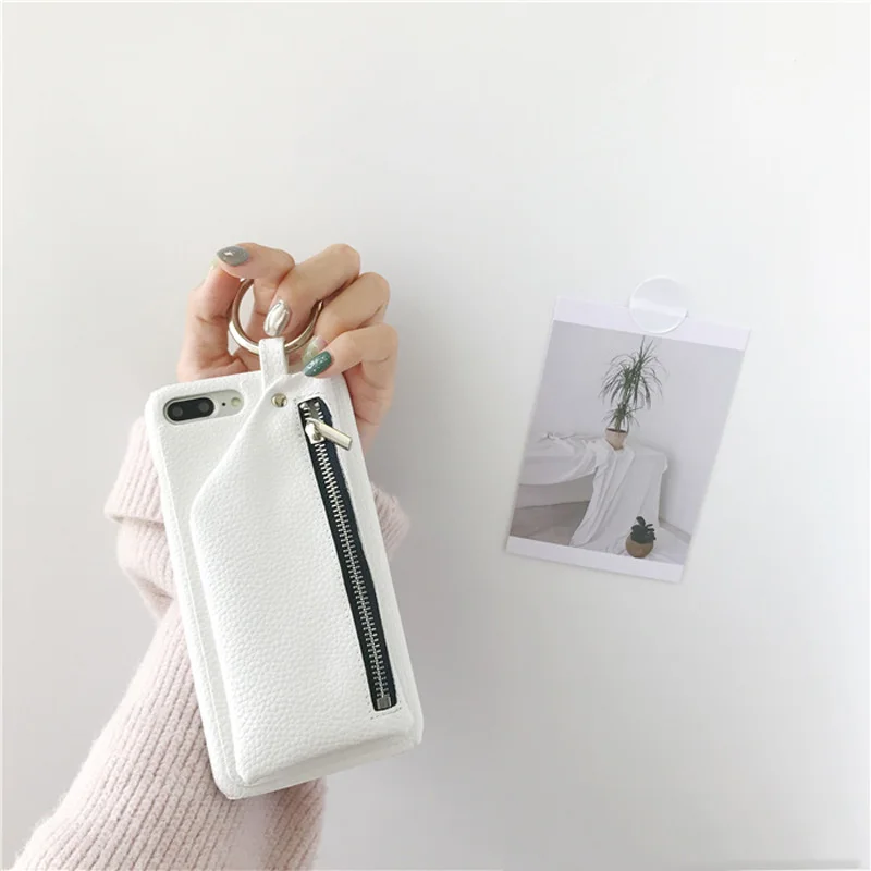 Бежевый Из искусственной кожи чехол с карманом на молнии для iPhone XS MAX XR X 7 8 Plus 6s plus чехол-кошелек с кольцом-держателем для iPhone 11 pro 7 8 6s - Цвет: Бежевый