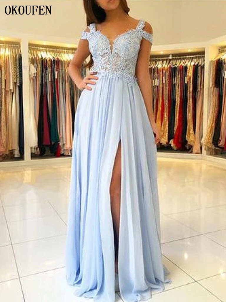 Светильник Голубые Выпускные платья 2021 шифоновые вечерние с Боковым Разрезом и