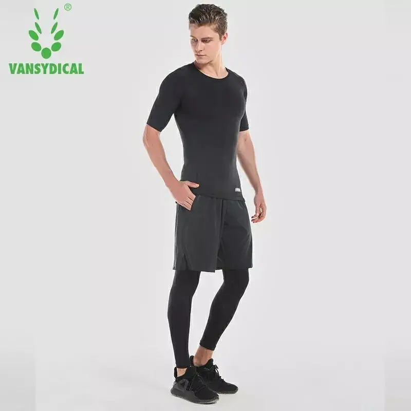 Vansydical, Компрессионные спортивные костюмы, мужские колготки для бега, топ, шорты, наборы, фитнес-костюм, баскетбольная, тренировочная, спортивная одежда