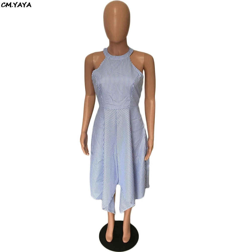 Женское летнее платье 2019 с полосатым принтом и вырезом на шее, без рукавов, с высокой талией, большим круговым подолом и неправильным краем до колен Vestidos A8067 On.