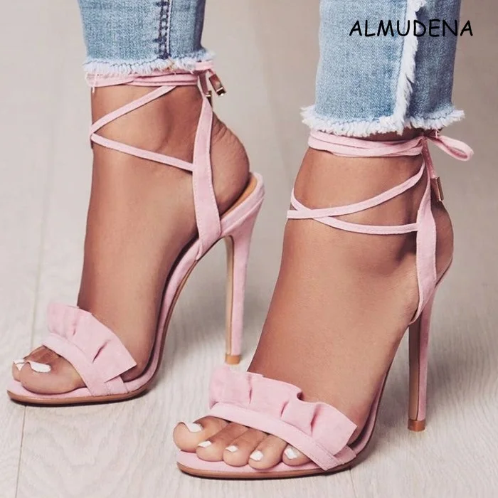 

Women Lace-up Suede Ruffle Thin High Heel Concise Style Nubuck Leakage Toes Sandal In Different Colour Gladiator
