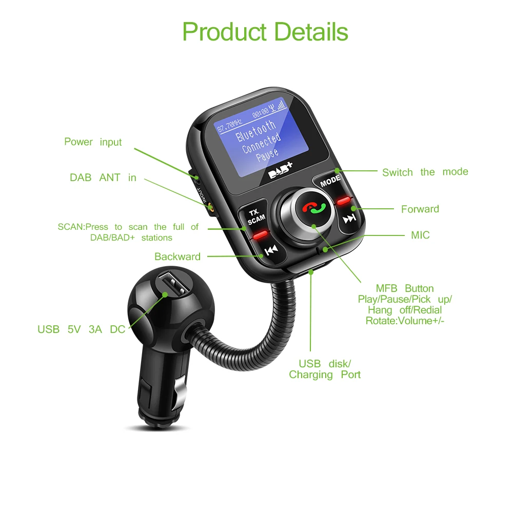 Автомобильное цифровое радио DAB в автомобиле с fm передатчиком ЖК дисплеем Bluetooth