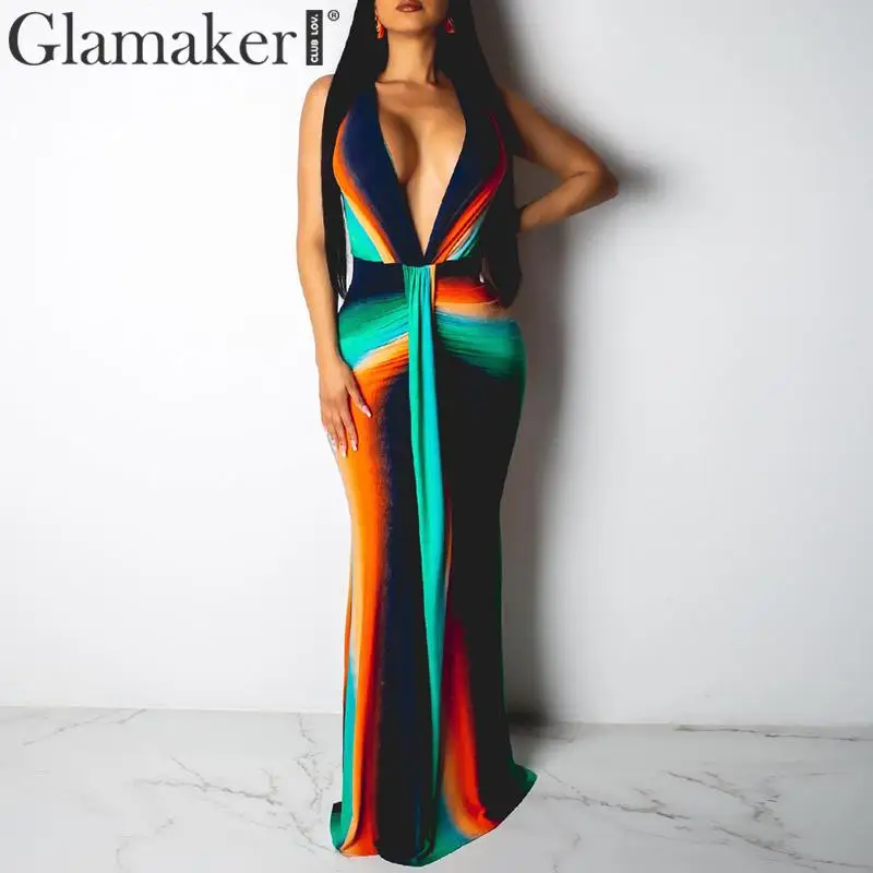Glamaker Muticolor полосатый пляжное летнее платье с v-образным вырезом Вечерние Клубные сексуальные платья без рукавов, макси длинное платье vestidos de fiesta