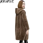 AYUNSUE натуральном овечьем меху пальто для женщин зимние теплые пальто с длинными рукавами модная шерстяная одежда Меховые куртки с капюшоном Femme размера плюс 6xl OT1773