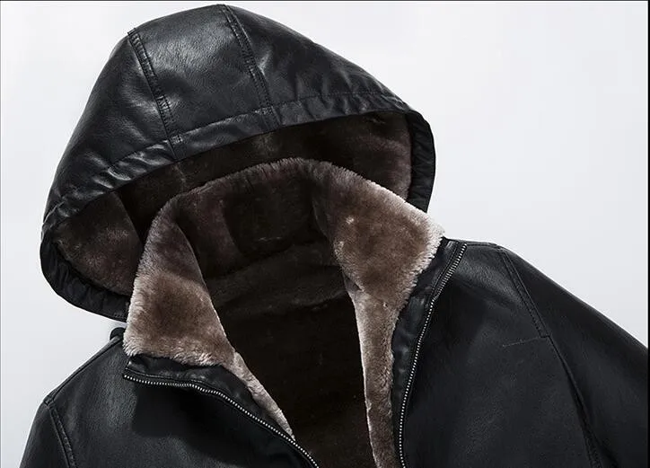 Мужская кожаная куртка на меху длинная с капюшоном из искусственной кожи черного