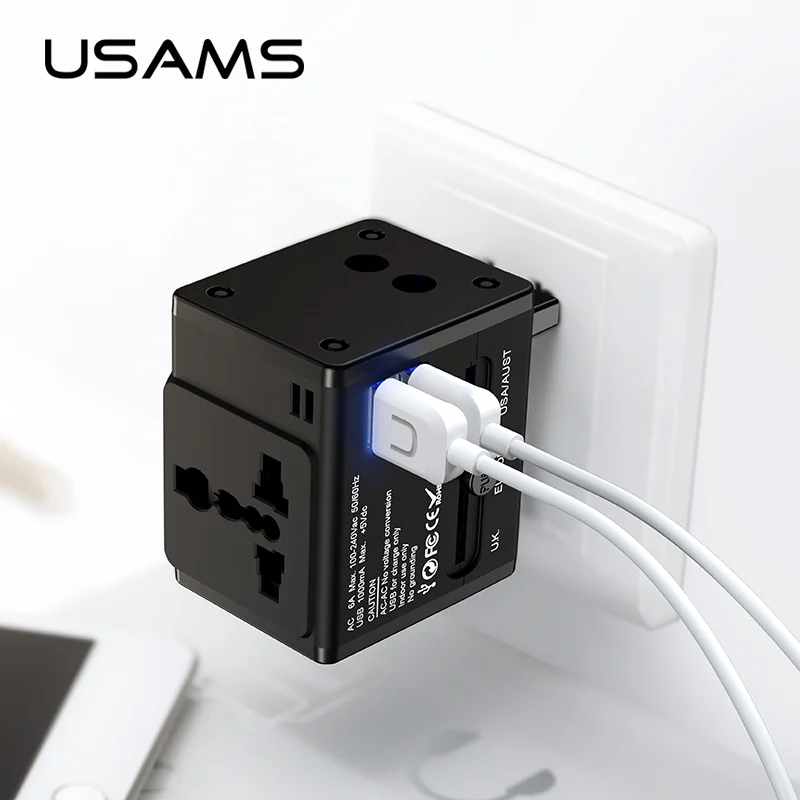 Двойное зарядное устройство USB с глобальной конвертацией, универсальное зарядное устройство для телефона USAMS, зарядное устройство USB с поддержкой ЕС/США/Великобритании/Австралии