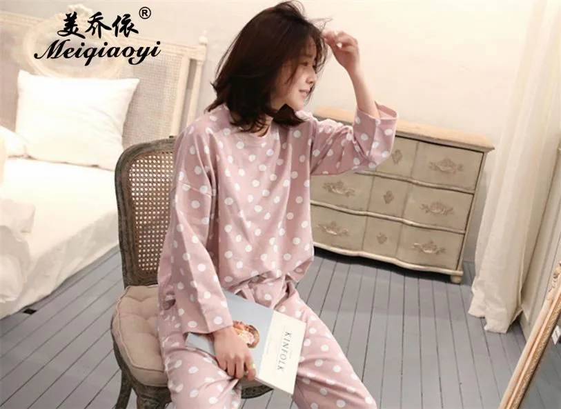 2018 spring New style Women Round Neck Polka Dot sleepwear long sleeve trousers pajamas sets Lovely home clothe Leisure wear | Женская
