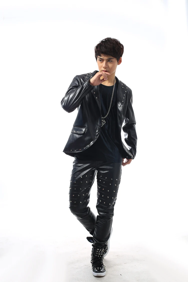 Мужские кожаные костюмы дизайнерские мужские для сцены певцов Мужской Блейзер