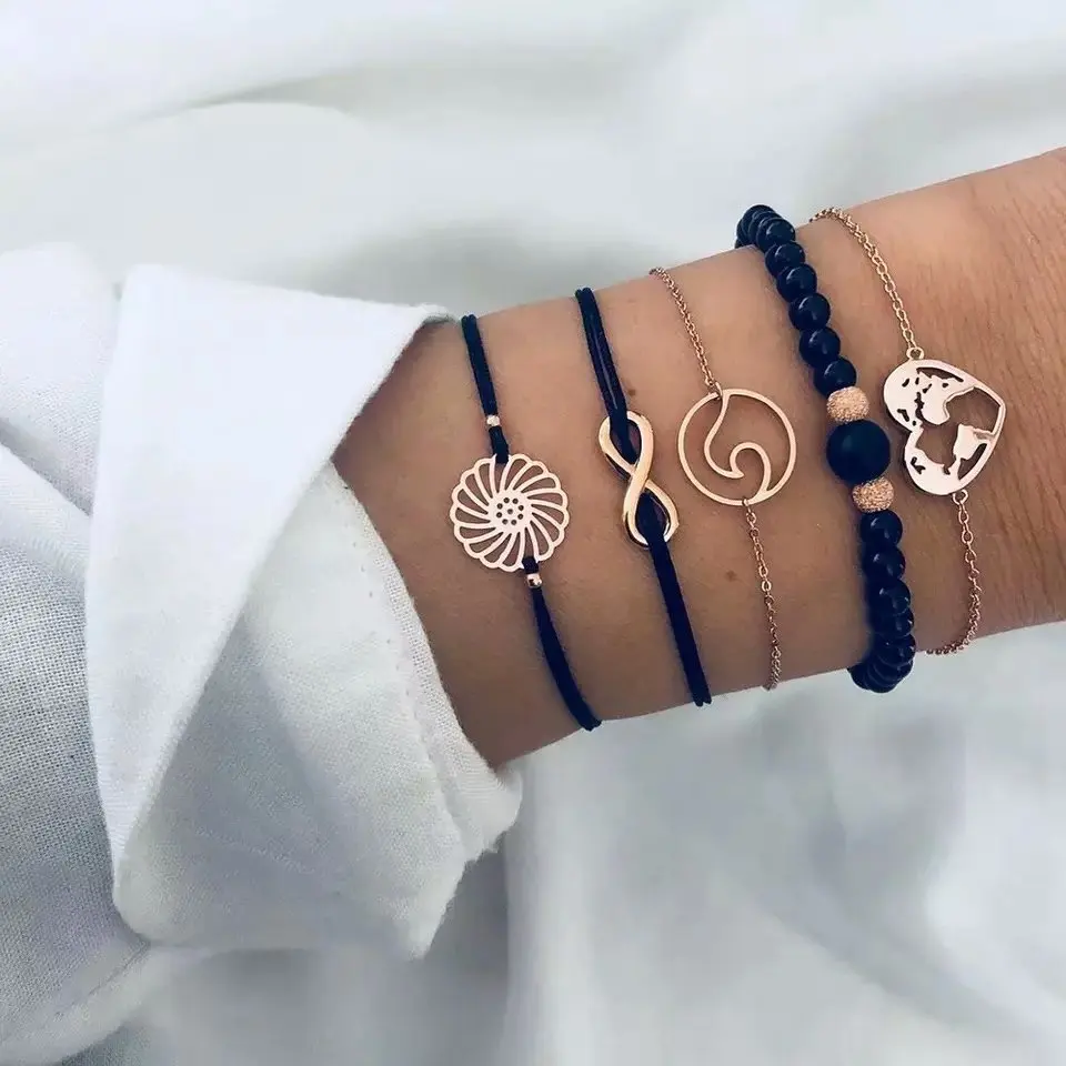 Lemon Value Bohemian Charms Heart Bracelet Set For Women Vintage Gold Color Multilayer Beads Infinite Bracelets Jewelry ZL299 | Украшения и
