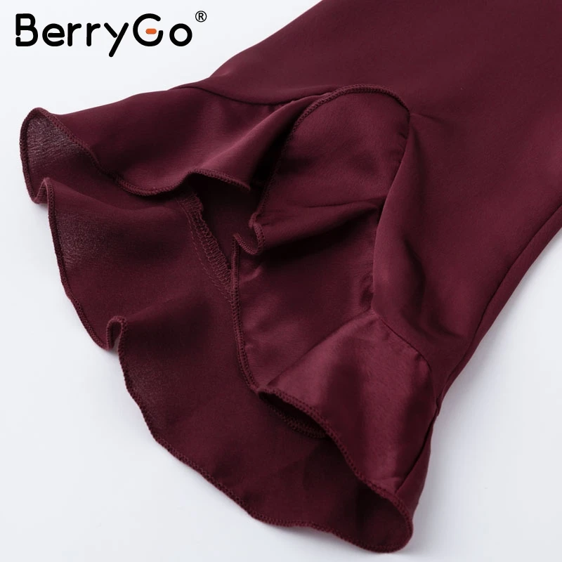 BerryGo элегантное атласное женское платье с рюшами расклешенный рукав пояс