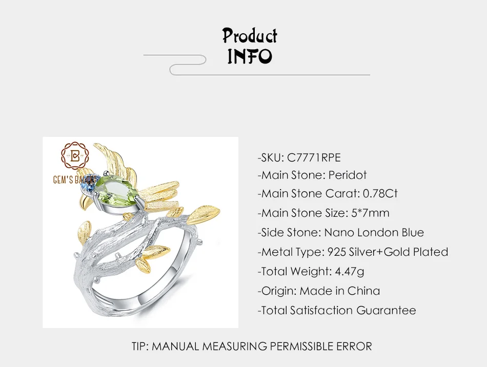 GEM'S балетные 925 пробы серебряные ювелирные изделия 0.78Ct натуральный зеленый перидот драгоценный камень кольцо птица на ветке кольца для женщин подарок