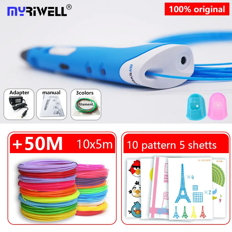 Blue and ABS 50m Myriwell 3 d ручка 3d ручки+ 10*5 м abs накаливания pla 1,75 мм 3d модели Smart 3d печать Ручка лучший подарок для детей pen-3d печати ручка - Цвет: Blue and ABS 50m