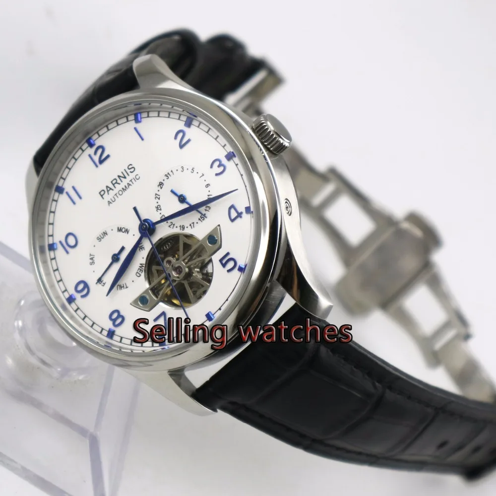 

43mm parnis white dial brown leather strap power reserve indicater deployment clasp ST 2505 automatic mens watch