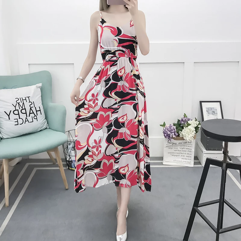 Женское летнее платье на бретельках Boho хлопковое пляжное без рукавов с цветочным