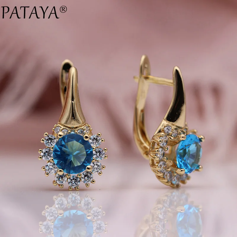Sea Blue PATAYA, новые круглые темно-синие свадебные висячие серьги, женские милые вечерние серьги с цветами, модные ювелирные изделия, 585 розовое золото, серьги с натуральным цирконием - Окраска металла: Sea Blue