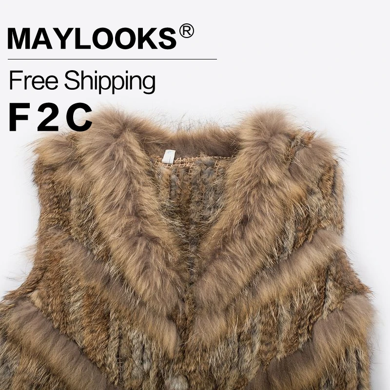 2018 мех кролика пальто Maylooks Для женщин v образным вырезом жилет пальто/Куртки Зима