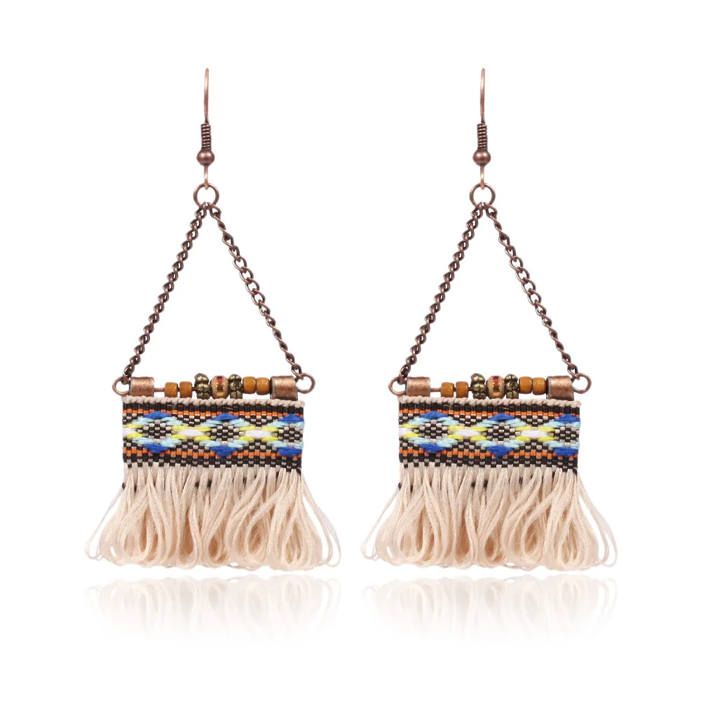 HC Vintage Wooden Bead Tassel Earring Fashion Triangle Pendant Boho Earrings Women Ethnic Style Jewelry Bohemian Drop F | Украшения и