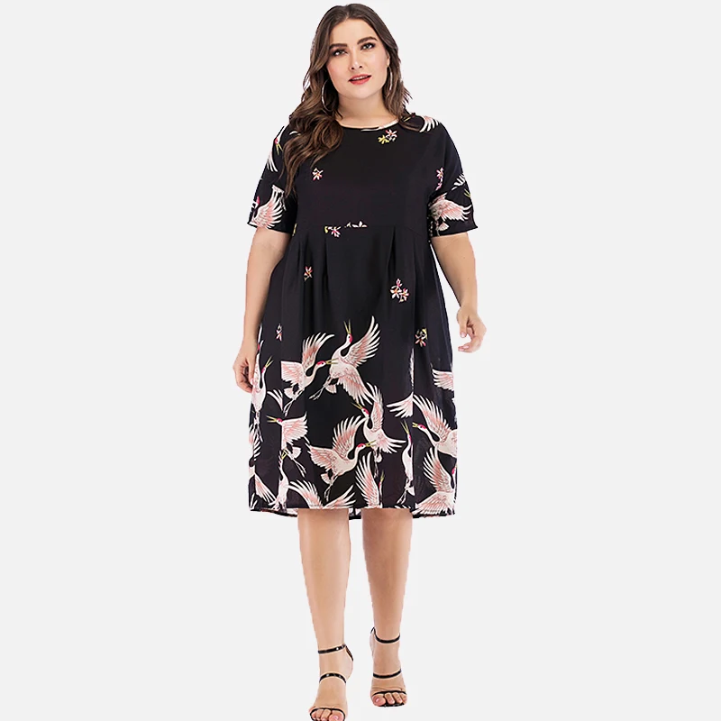 

3XL-5XL Crane Dress for Women Summer Midi Dress Pullovers Vestidos A-line Lady Garment Loose Casual Korean Large Maternity Wear