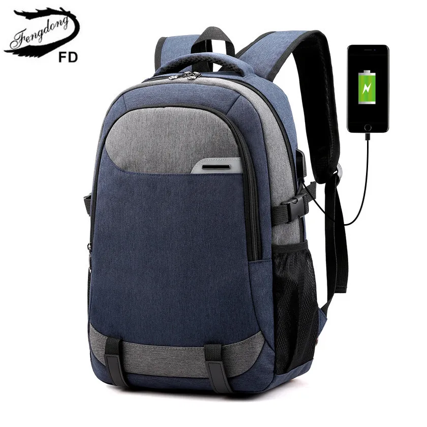 blue Fengdong, школьный рюкзак для мальчика, usb сумка для мальчика-подростка, водонепроницаемый большой дорожный рюкзак с багажным ремнем, Мужская школьная сумка - Цвет: blue