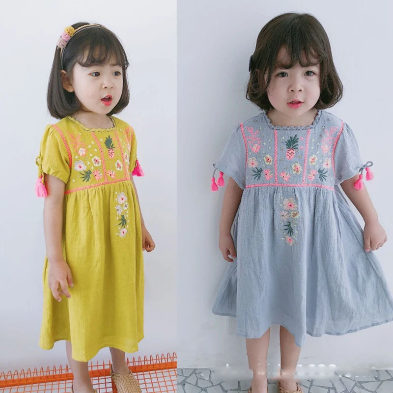 

Kids Dress 2019 L&M Brand Spring Summer Girls Short Sleeve Flower Embroidery Dresses Baby Children New Fashion Cotton Clothes