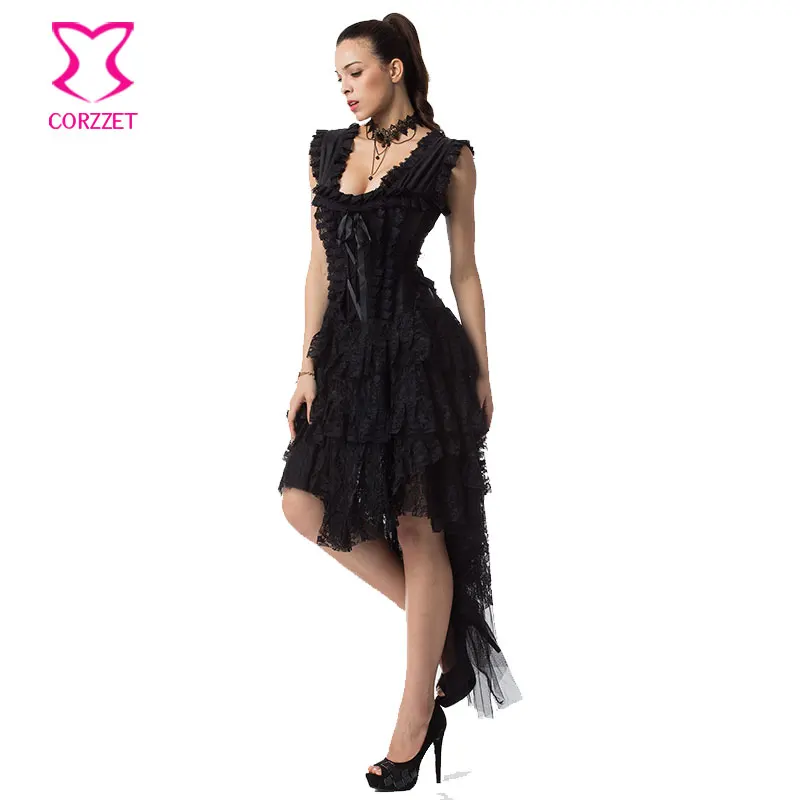 Черное цветочное многослойное кружевное викторианское платье-корсет с рюшами
