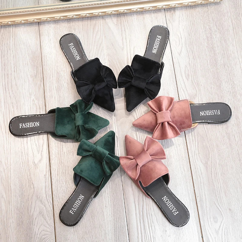 big velvet bow sandals women pointed toe slippers 2017 brand designer bowtie mules ladies summer shoes sandalias mujer y131 | Обувь