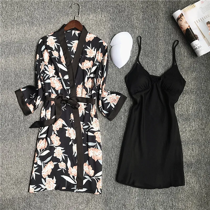 

Sexy Female Sleepwear Satin Robe Set Summer Kimono Bathrobe Print Floral Bride Bridesmaid Dressing Gown Casual Nightgown