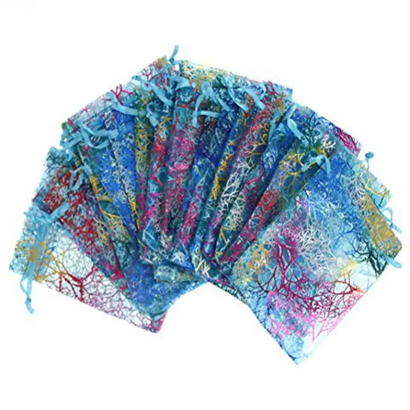 20 шт., 7x9 см, Сумка из органзы, цветная, с коралловым узором, для свадебных подарков, сумки из тюля, на шнурке, сумка для конфет, ювелирные изделия, сумки, вечерние сувениры