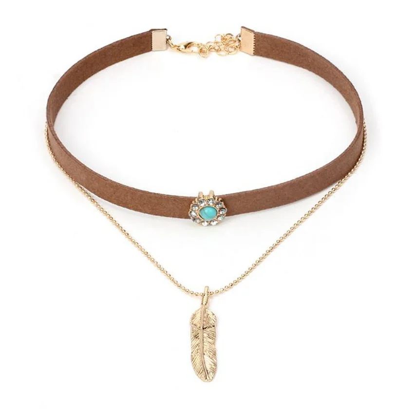 Бохо черный бархат Чокер Ожерелье Золотая цепочка камень чокер в виде листика