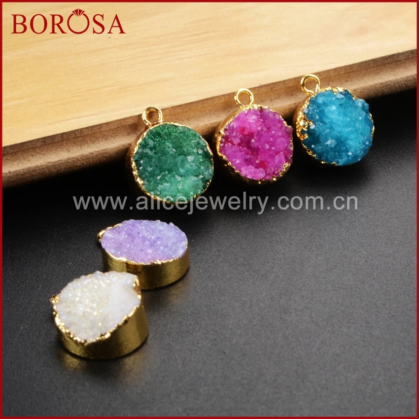 

BOROSA 10mm/12mm round natural druzy stone geode charm gold color stone charm fashion jewelry gems for women G1045