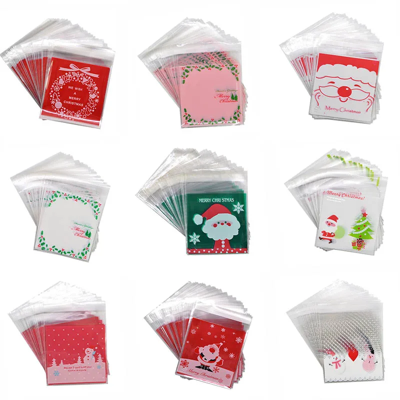 

50Pcs 10x10cm Christmas Decor Candy Cookie Gift Bags Plastic Self-adhesive Biscuits Snack Packaging Bags Xmas Decoration Favors