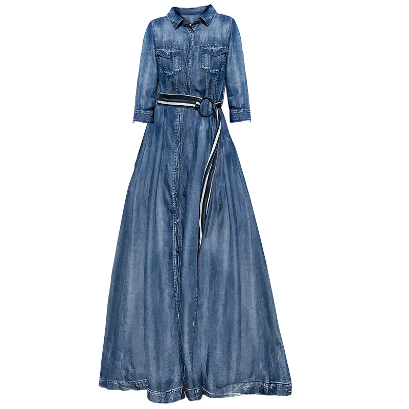 

2019 Spring Summer Vintage Denim Dress Plus Size 2XL Women High Waist Single Breasted Big Swing Long Maxi Denim Jeans Dress