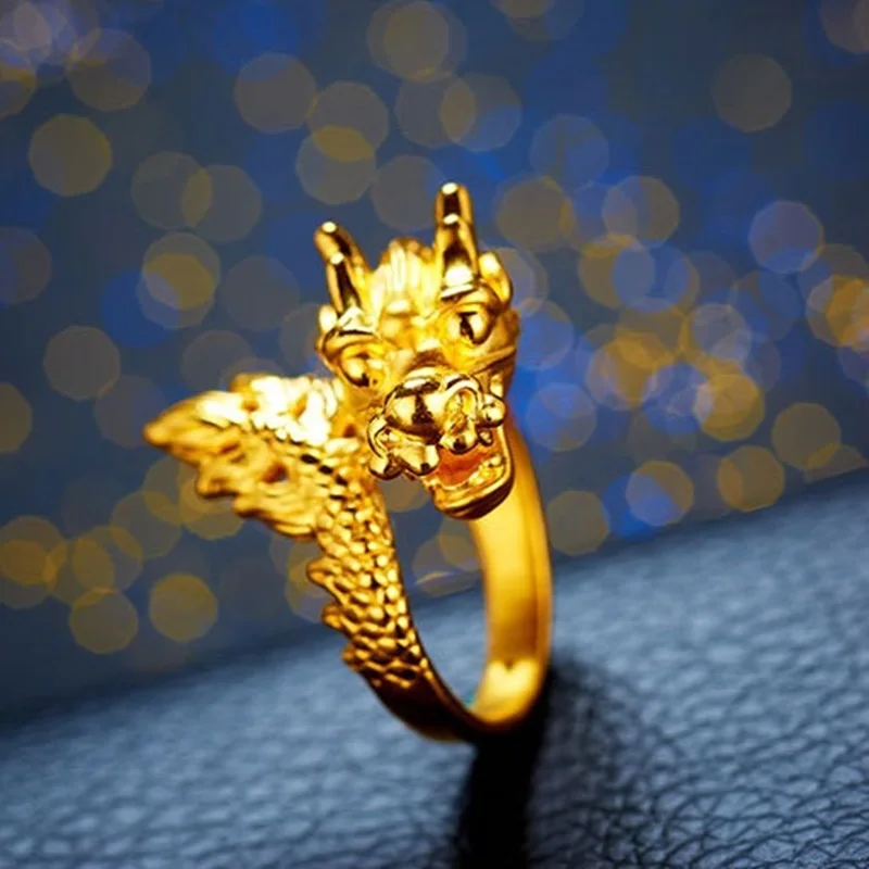 

OMHXZJ Wholesale European Fashion Man Party Wedding Gift Dragon Resizable 18KT Yellow Gold Ring RR753