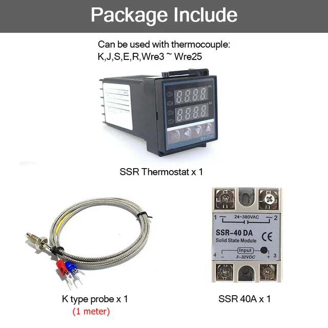 REX-C100 цифровой PID регулятор температуры SSR выход 0-400C с 1 м термопары K SSR 40A - Цвет: Set 4