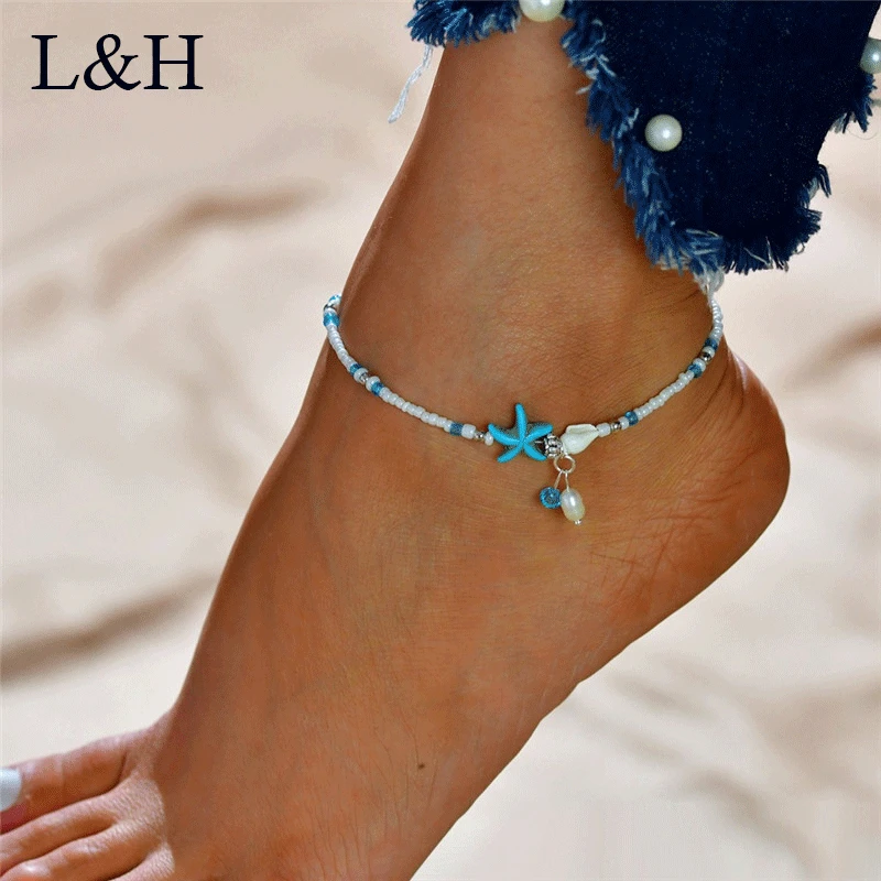 

L&H Handmade Summer Beach Anklet Bohemia Shell Beads Starfish Anklets For Women 2018 Sandal Statement Foot Leg bracelet Jewelry