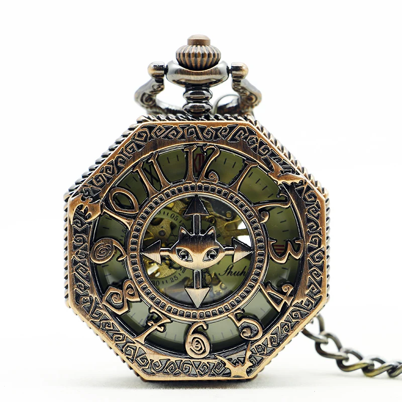 Red Antique Magic Cat Mechanical Pocket Watch Vintage Steampunk Gentleman Style Men's and Women's Necklace Pendant Clock