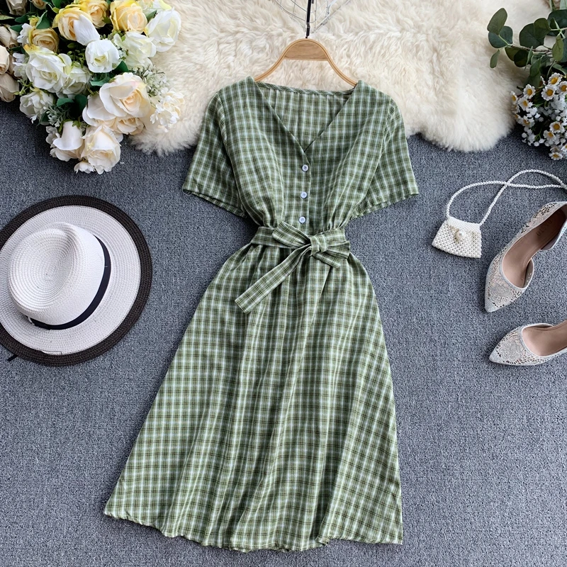 Vintage Button Slim V Neck Plaid Print Short Dress Summer Party Tie Robes Vestidos Women Casual A-Line Vestido De Festa