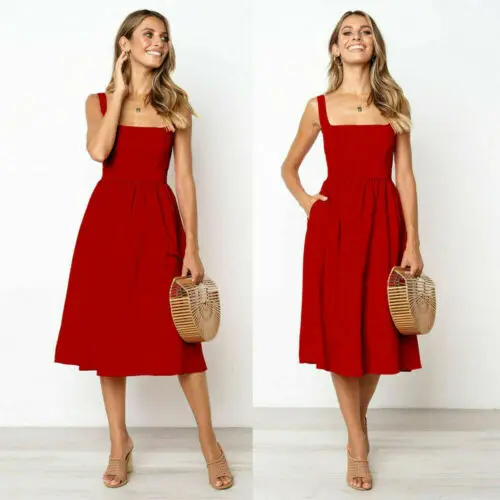 

Women Casual Sleeveless Summer Dress Woman Solid Strappy Swing Beach Sundress Female Ladies Party Dresses Vestidos 2019 New