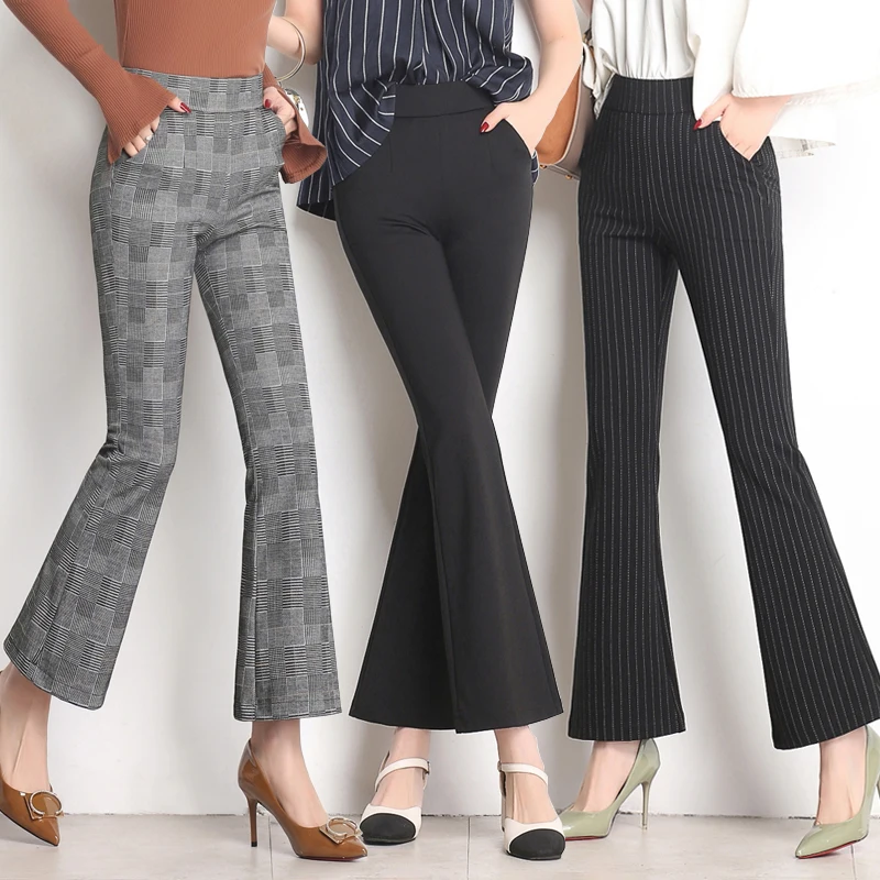 

Spring and summer Women's pants lattice flared pants female nine pants high waist Slim stretch long casual pants Wide leg pants