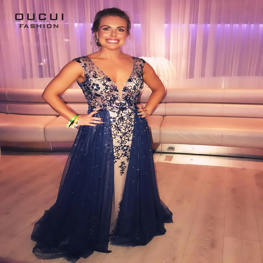Темно синее твердое Бисероплетение вечерних платьев 2018 со стразами и v образным