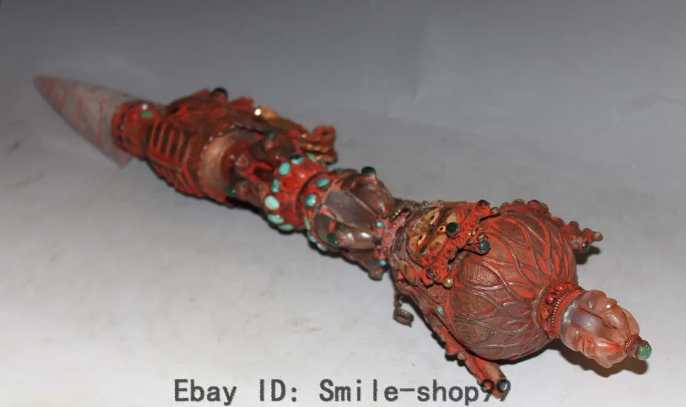 22&quot Tibet Crystal inlay Ruby Beryl Hayagriva Vajrakila Fa Qi Dagger Vajra Pestle |