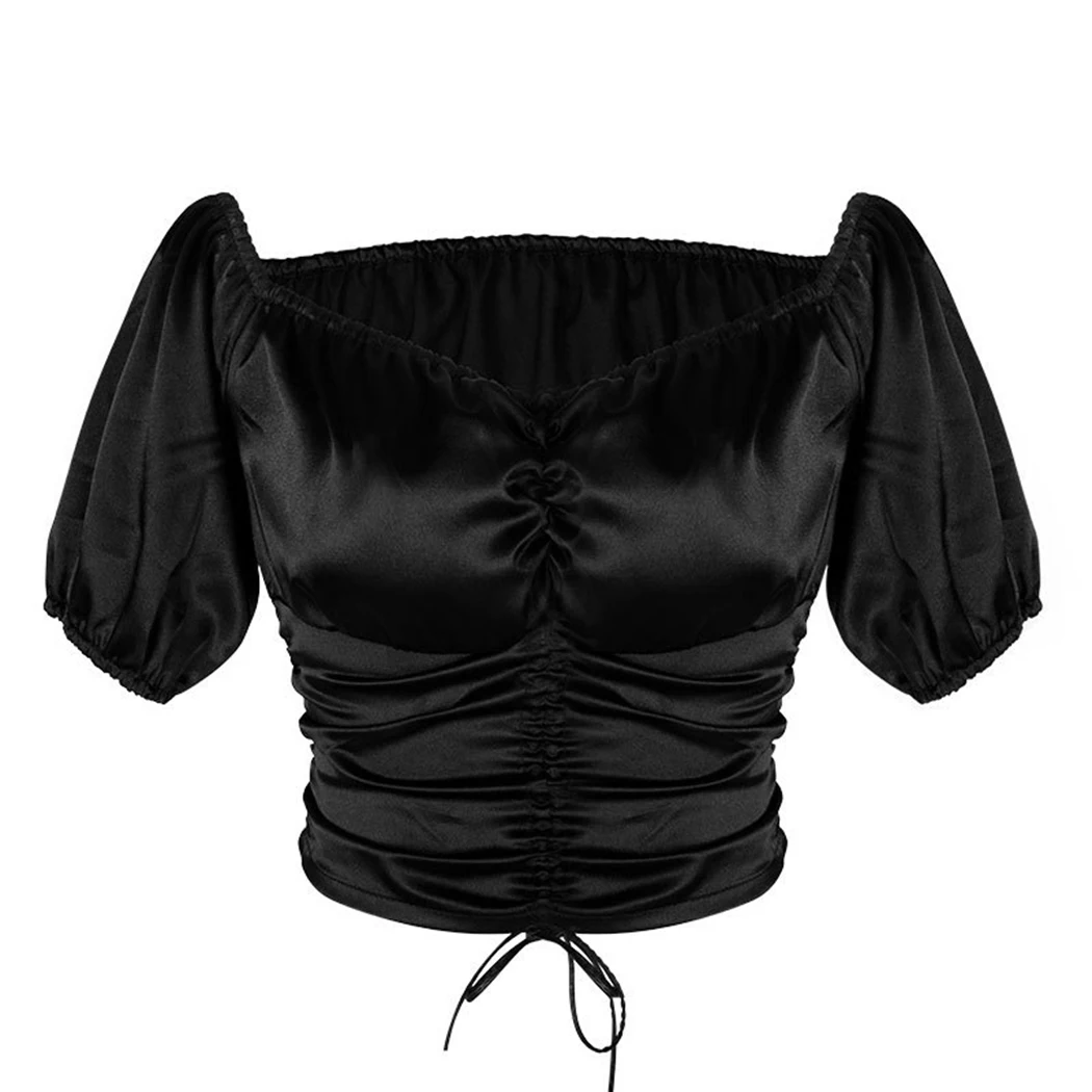 Sexy Retro Black Drawstring Crop Top Women V-Neck Off Shoulder Short Sleeve Blouses Ladies Vintage Slash Neck Bandage Shirt Tops |