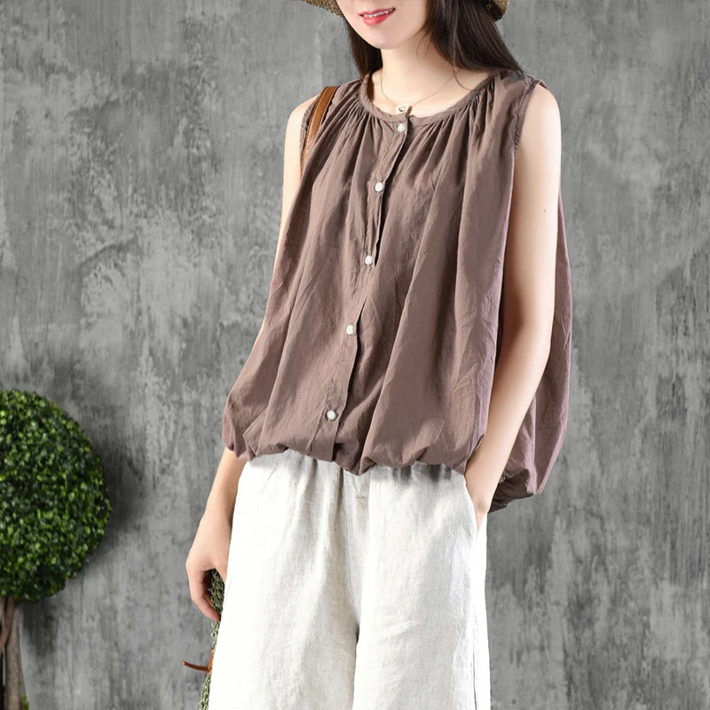 Летняя рубашка без рукавов в стиле ретро женская тонкая жилетка белая/коричневая