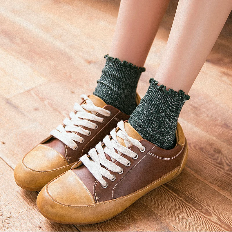 British Vintage Glitter Women's Socks Cotton Women Daily Basic Shining Rib Surface Sweet Socks Girls Summer Ankle Socks Women