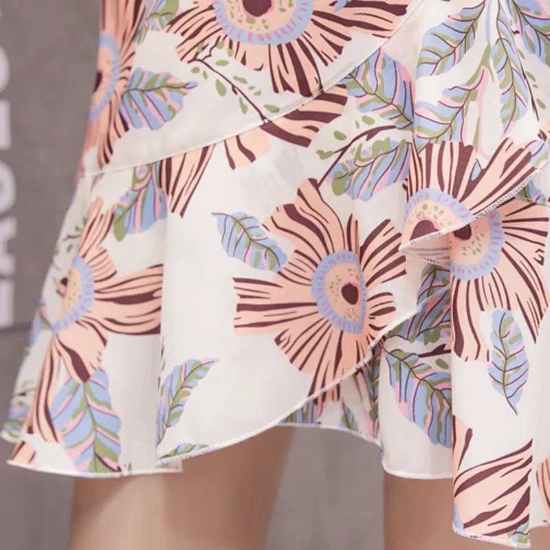 Women Floral Printing A-Line Skirts Summer Clothes High Waist Chiffon Fluffy Mini Skirt Female Harajuku Plus Size Boho Okq311 | Женская