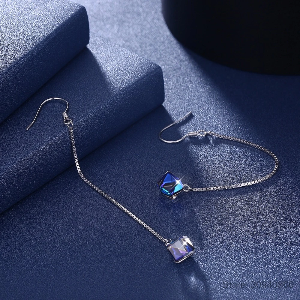 LEKANI Кристаллы из SWAROVSKI Длинная цепочка кубик бусины висячие серьги S925 стерлингового серебра пирсинг женщин ювелирные украшения